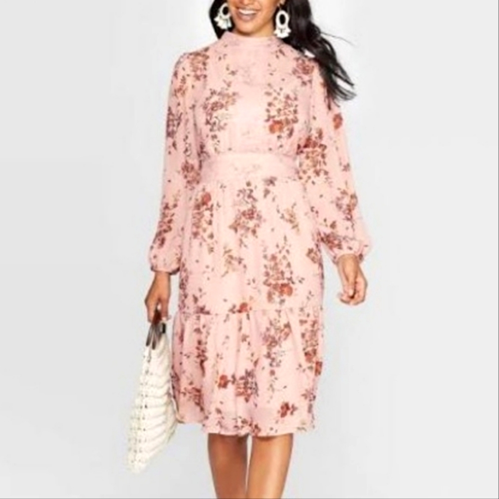 Xhiliration Pink Floral High Neck Long Sleeve Midi Dress.  Size Medium